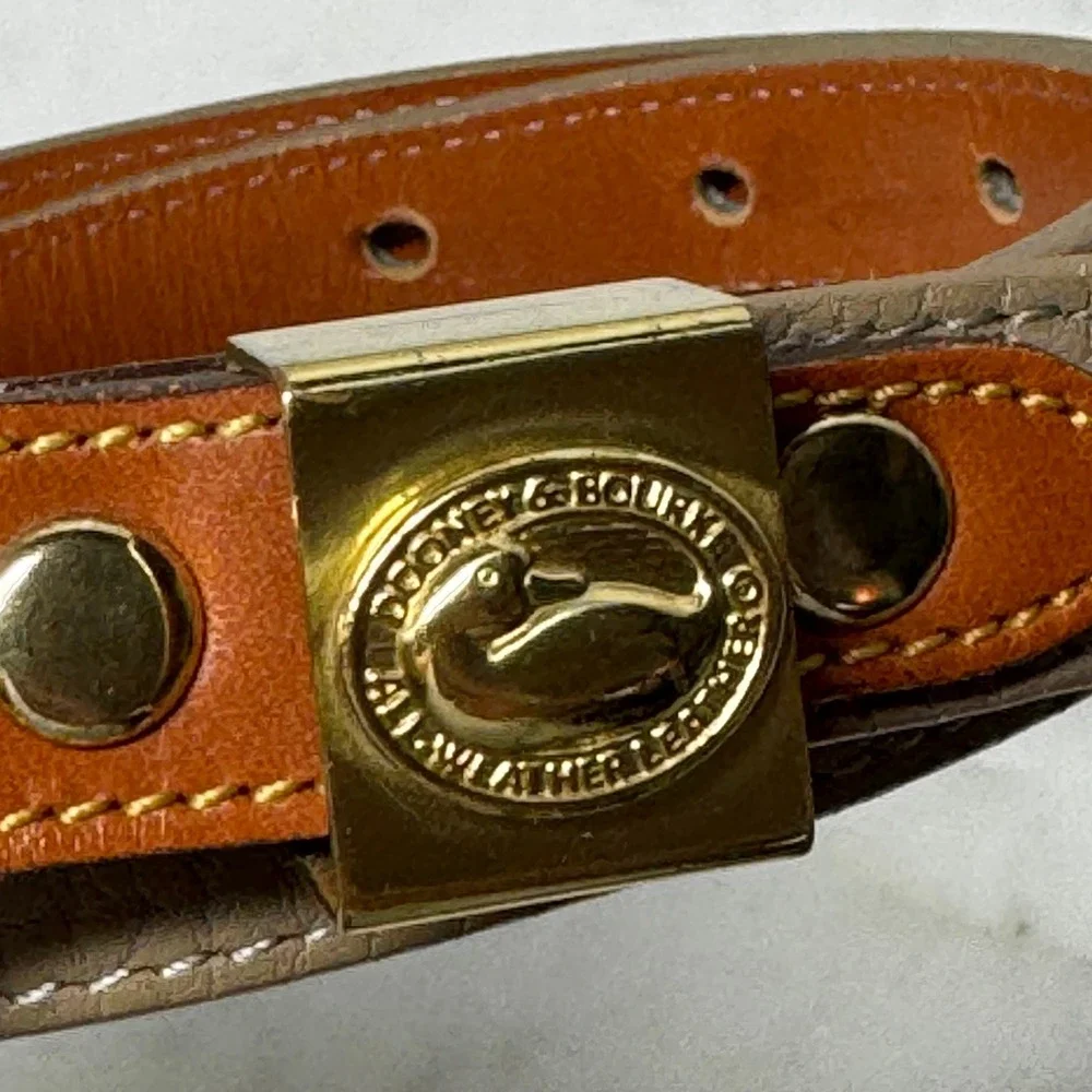 Vintage Dooney Bourke Thin All Weather Leather Belt L Tan Brass Duck Old Money